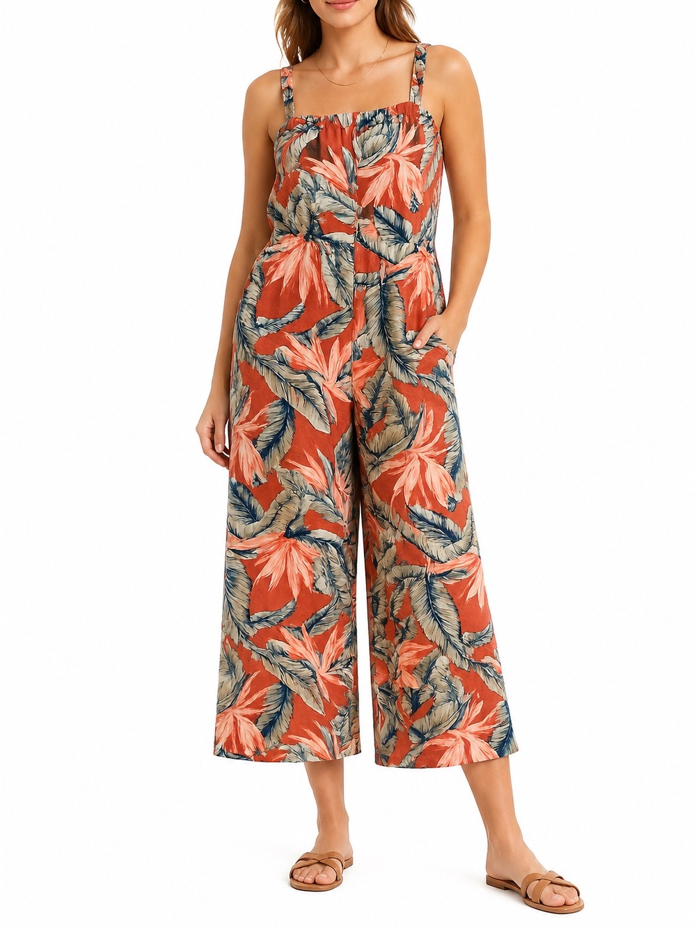 LOFT XL Tropical Linen Blend Wide Leg Jumpsuit Bird of Paradise Print Pockets